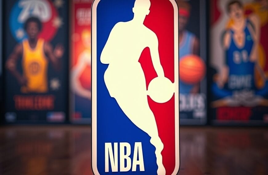 A large 3D NBA logo dominates the center of the image, featuring a basketball player silhouette in white against a vivid red and blue backdrop. Blurred colorful posters depicting iconic 90s Basketball on the NBA hang in the background, adding a nostalgic flair.