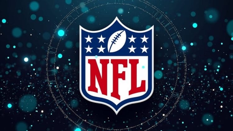 The NFL logo is centered on a dark background with turquoise bokeh lights, featuring a shield design with a football above bold red "NFL" letters. A circular digital pattern, reminiscent of analytics in the NFL, surrounds the emblem.