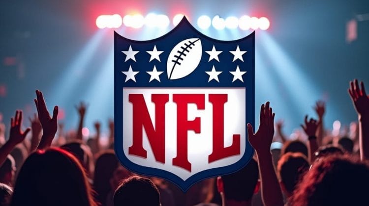 NFL logo superimposed on a blurred image of a cheering crowd under bright, colorful stage lights. The scene suggests excitement and an event or concert atmosphere.