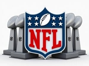 Image of the NFL shield logo at the center, surrounded by several silver Vince Lombardi trophies in the background. The logo, embodying NFL Analytics innovation, features a football and stars with "NFL" in bold red letters.