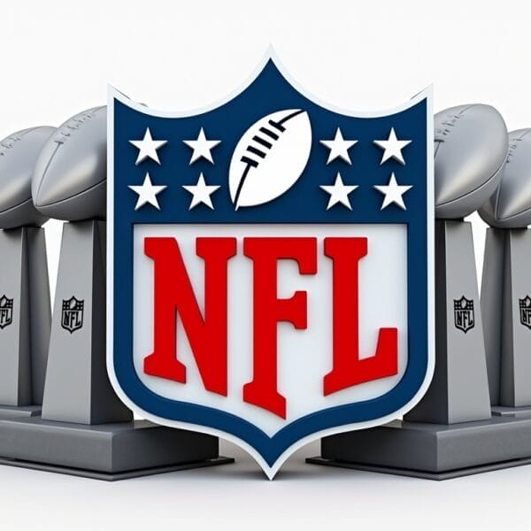 Image of the NFL shield logo at the center, surrounded by several silver Vince Lombardi trophies in the background. The logo, embodying NFL Analytics innovation, features a football and stars with "NFL" in bold red letters.