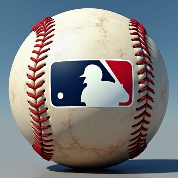 Close-up of a baseball from the Live Ball Era with red stitching against a blue sky backdrop. The ball features a logo in red, white, and blue, depicting a silhouetted baseball player within a rectangle and shows signs of wear.