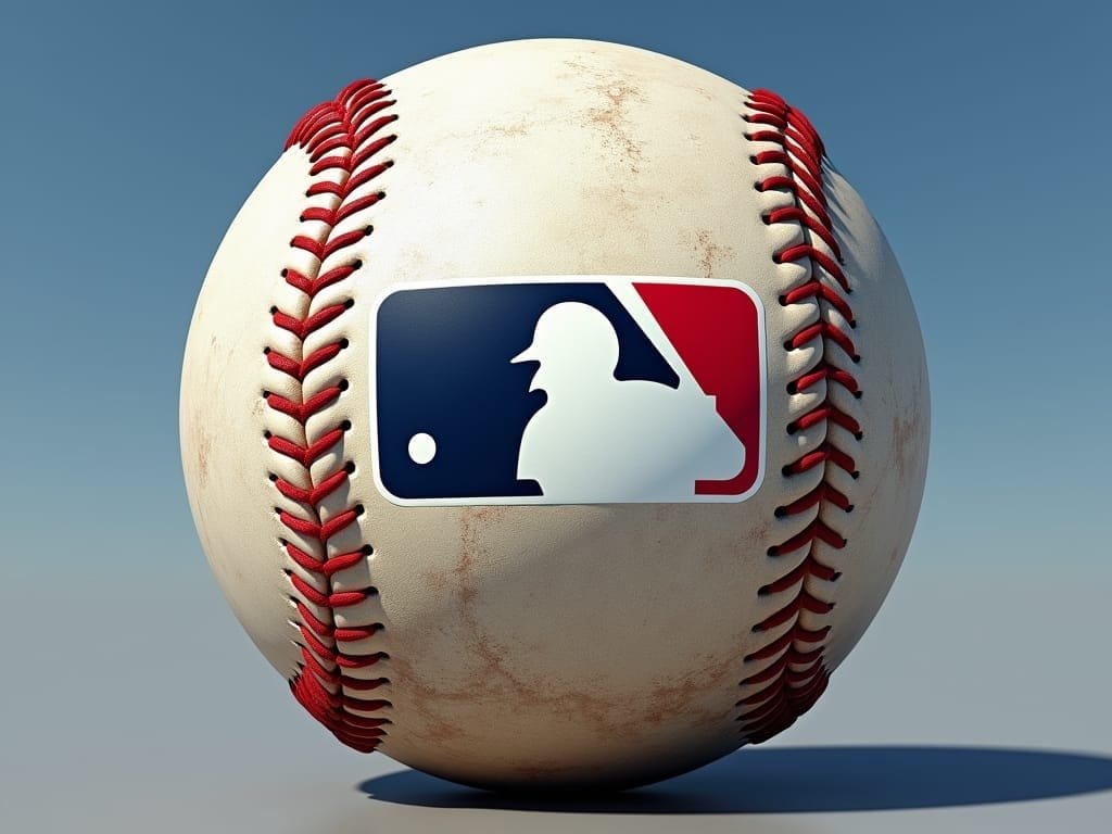 Close-up of a baseball from the Live Ball Era with red stitching against a blue sky backdrop. The ball features a logo in red, white, and blue, depicting a silhouetted baseball player within a rectangle and shows signs of wear.