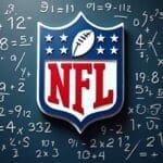 The image displays the NFL logo, complete with a football at the top and the letters "NFL" below. It's set against a chalkboard brimming with mathematical equations, evoking the precision of NFL analytics in every play calculation.