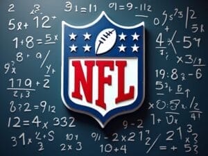 The image displays the NFL logo, complete with a football at the top and the letters "NFL" below. It's set against a chalkboard brimming with mathematical equations, evoking the precision of NFL analytics in every play calculation.