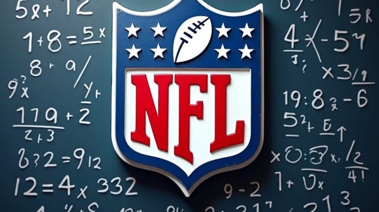 The image displays the NFL logo, complete with a football at the top and the letters "NFL" below. It's set against a chalkboard brimming with mathematical equations, evoking the precision of NFL analytics in every play calculation.