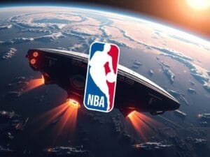 A large spaceship with glowing thrusters hovers over Earth, its hull proudly displaying the NBA logo, reminiscent of 90s basketball flair. Below, the planet's curvature and swirling cloud formations are visible beneath the vessel.