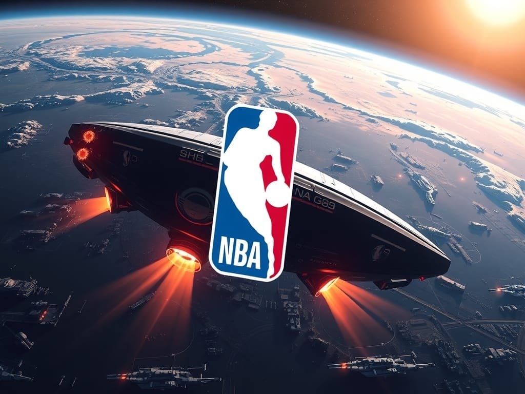 A large spaceship with glowing thrusters hovers over Earth, its hull proudly displaying the NBA logo, reminiscent of 90s basketball flair. Below, the planet's curvature and swirling cloud formations are visible beneath the vessel.