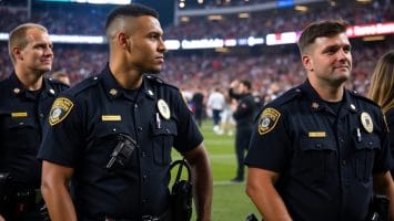 Three uniformed police officers stand on a field, with a stadium full of spectators in the background. The officers appear alert and focused, possibly mindful of any sports controversies. The one in the center looks to the side as the bright stadium lights illuminate the scene.