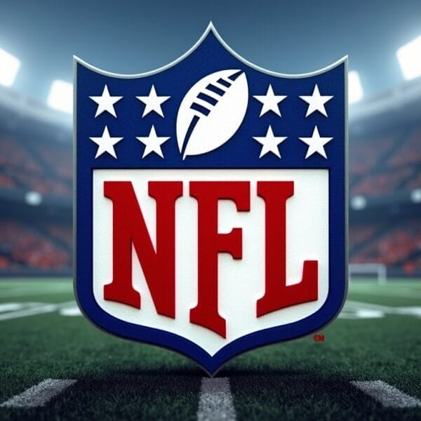 The image shows the NFL logo prominently displayed on a football field. The logo features a blue shield with white stars, a centered football symbol, and the red letters "NFL." Stadium seating and lights are visible in the blurred background.