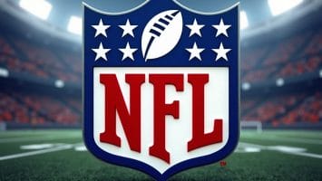 The image shows the NFL logo prominently displayed on a football field. The logo features a blue shield with white stars, a centered football symbol, and the red letters "NFL." Stadium seating and lights are visible in the blurred background.