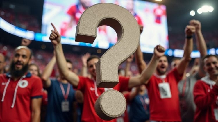 A large question mark is superimposed over a blurred background of enthusiastic fans in red shirts at a stadium, highlighting the role of analytics in sports. The crowd cheers as a big screen looms above them, capturing every dynamic moment.
