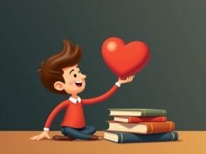 Illustration of a smiling boy with brown hair sitting cross-legged on the floor, holding a large red heart in his right hand. He sits next to a stack of books, symbolizing the blend of analytics and intuition in sports. The background is a neutral greenish color.