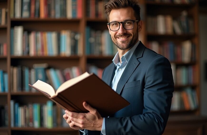 A man in a suit and glasses is smiling while holding an open book in a library. He stands in front of shelves filled with books.