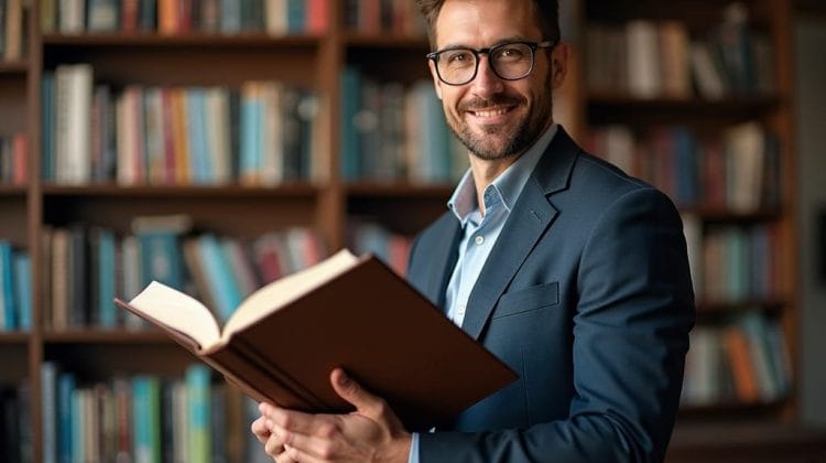 A man in a suit and glasses is smiling while holding an open book in a library. He stands in front of shelves filled with books.