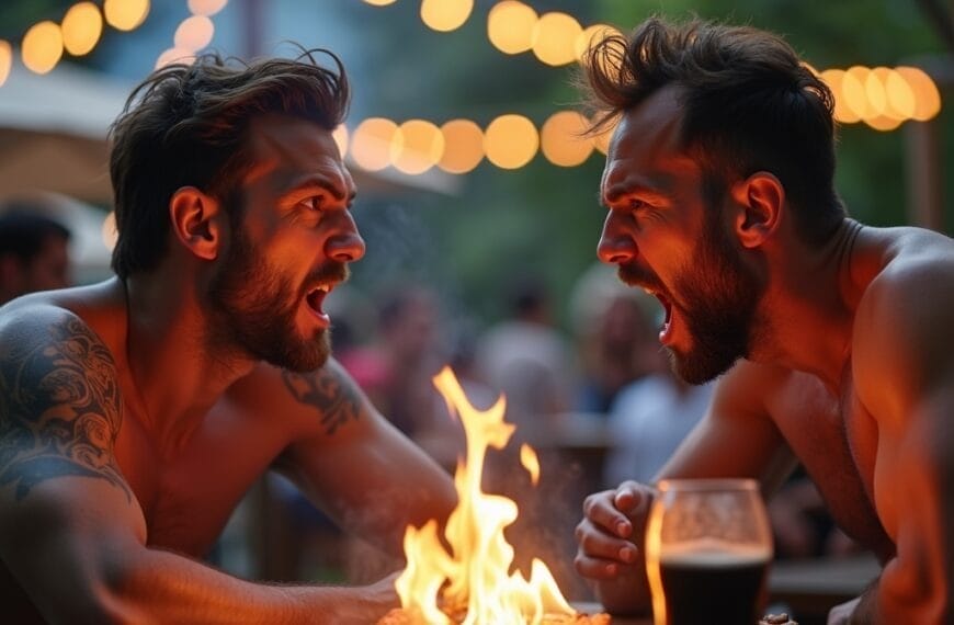 Two shirtless men face off intensely over a small campfire on a tabletop, seemingly caught in heated sports debates. Both appear to be shouting. A glass of dark beer sits on the table. String lights and blurred people in the background suggest an outdoor gathering.