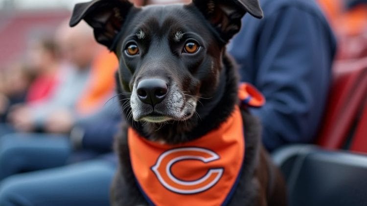 A Chicago Bears fan's black dog, donned in an orange bandana with a bold "C," sits proudly on a seat at a sports event. The background reveals fans in casual attire, slightly blurred, highlighting the loyal canine supporter.