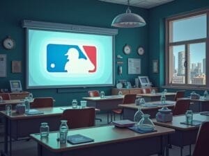 A classroom with empty desks, each holding glass jars and notebooks. On the wall, a projector displays the MLB logo, hinting at an unconventional approach in Major League Baseball. Sunlight streams in, illuminating teal walls and educational posters.