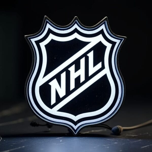 The image shows the official NHL logo, a black and white shield with "NHL" in bold, diagonal letters. The glowing effect on the dark background symbolizes the Evolution of Hockey through time.