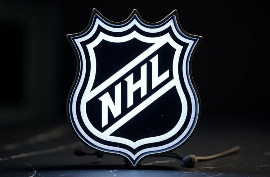 The image shows the official NHL logo, a black and white shield with "NHL" in bold, diagonal letters. The glowing effect on the dark background symbolizes the Evolution of Hockey through time.