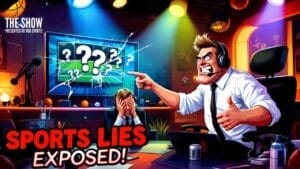 A colorful illustration depicts a sports studio with two animated, exaggerated characters. One, a sports commentator, is loudly yelling with headphones on, pointing at a screen with question marks. The other slumps over a desk in frustration. Text reads "Sports Lies Exposed!".