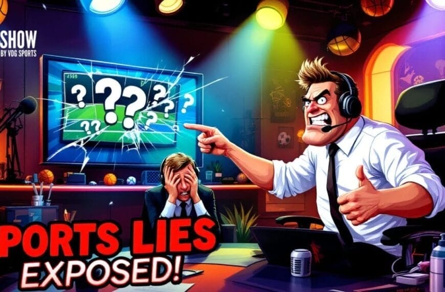 A colorful illustration depicts a sports studio with two animated, exaggerated characters. One, a sports commentator, is loudly yelling with headphones on, pointing at a screen with question marks. The other slumps over a desk in frustration. Text reads "Sports Lies Exposed!".
