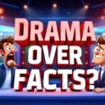 Illustration of a sports-themed debate show. Two animated hosts, one yelling and one smiling, sit at a desk engaging in lively sports commentary. Bold text across the image reads "Drama Over Facts?" with a stadium scene in the background.
