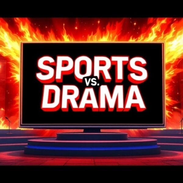 A digital illustration showcases a sports debate setting with "SPORTS vs. DRAMA" in bold text on a screen, capturing the essence of sports media. Two speakers sit on opposite sides amidst fiery visuals, basketballs, and microphones. "THE SHOW" is prominently displayed in the top-left corner.