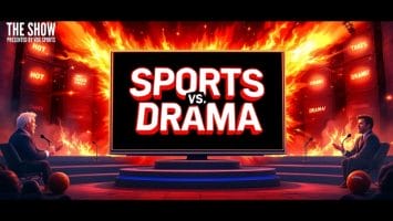 A digital illustration showcases a sports debate setting with "SPORTS vs. DRAMA" in bold text on a screen, capturing the essence of sports media. Two speakers sit on opposite sides amidst fiery visuals, basketballs, and microphones. "THE SHOW" is prominently displayed in the top-left corner.
