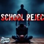 A basketball player in a Bulls jersey sits on a dark court, head down like Michael Jordan, clutching a ball. Another figure stands in shadow. Bright lights shine above. Bold text reads "HIGH SCHOOL REJECTION?" and a paper labeled "REJECTED" lies nearby.