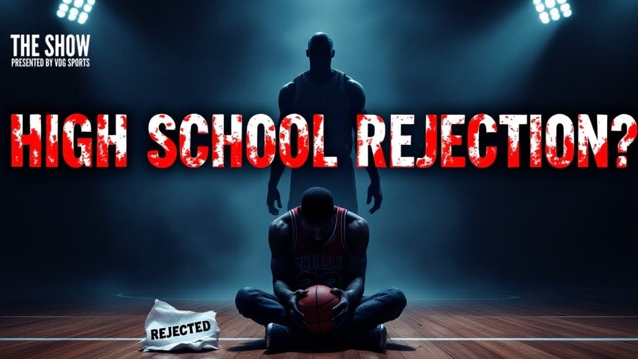 A basketball player in a Bulls jersey sits on a dark court, head down like Michael Jordan, clutching a ball. Another figure stands in shadow. Bright lights shine above. Bold text reads "HIGH SCHOOL REJECTION?" and a paper labeled "REJECTED" lies nearby.