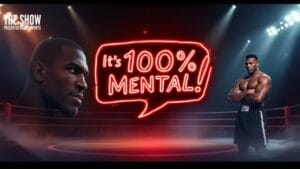 A boxing ring with a confident boxer standing arms crossed on the right. On the left, his face is close-up. Centered, a glowing red speech bubble says “It’s 100% MENTAL!”—highlighting mental toughness. Spotlights and "The Show" logo complete the scene.