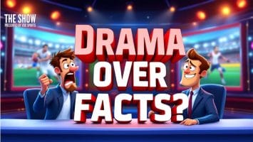 Illustration of a sports-themed debate show. Two animated hosts, one yelling and one smiling, sit at a desk engaging in lively sports commentary. Bold text across the image reads "Drama Over Facts?" with a stadium scene in the background.