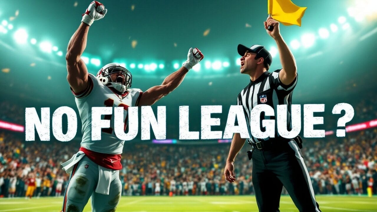 A football player raises his arms in celebration while a referee throws a flag beside him. The background shows a crowded stadium. Bold text across the image reads, "NO FUN LEAGUE?.