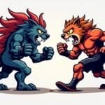Two muscular, anthropomorphic animals face off aggressively, embodying the intensity of Debates in Sports. The left is a blue wolf with red mane, bared fangs, clenched fists; the right, an orange lion with spiky mane, both in fierce boxing stances.