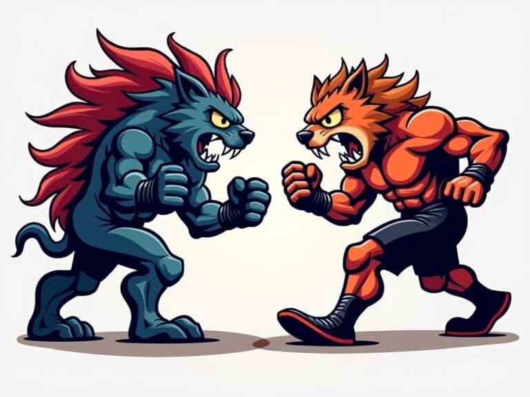 Two muscular, anthropomorphic animals face off aggressively, embodying the intensity of Debates in Sports. The left is a blue wolf with red mane, bared fangs, clenched fists; the right, an orange lion with spiky mane, both in fierce boxing stances.