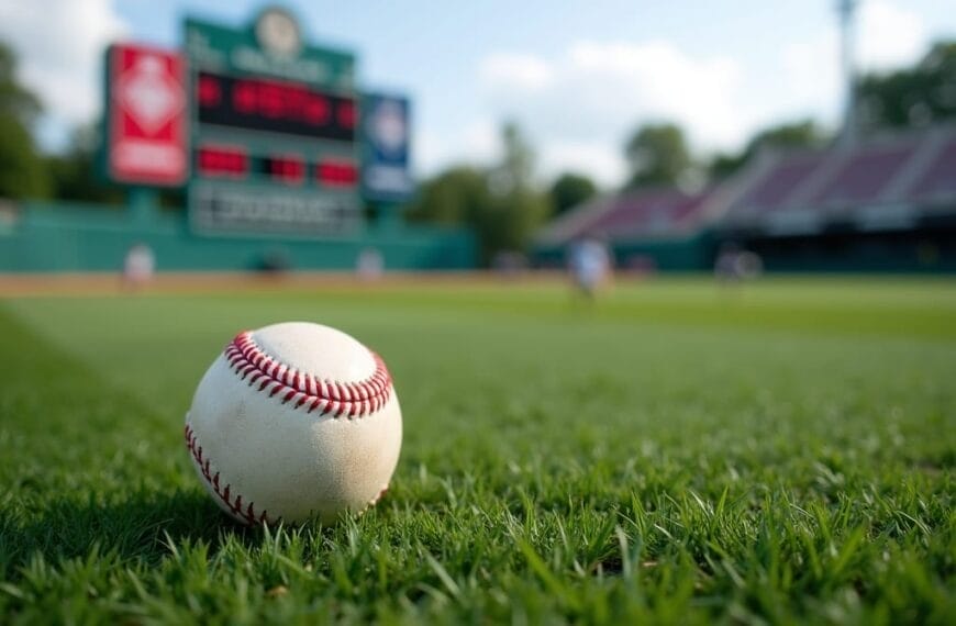 A close-up of a baseball resting on green grass in a stadium captures the evolution of the baseball, with its red stitching and texture in sharp focus against a backdrop of blurred players and scoreboard under a partly cloudy sky.