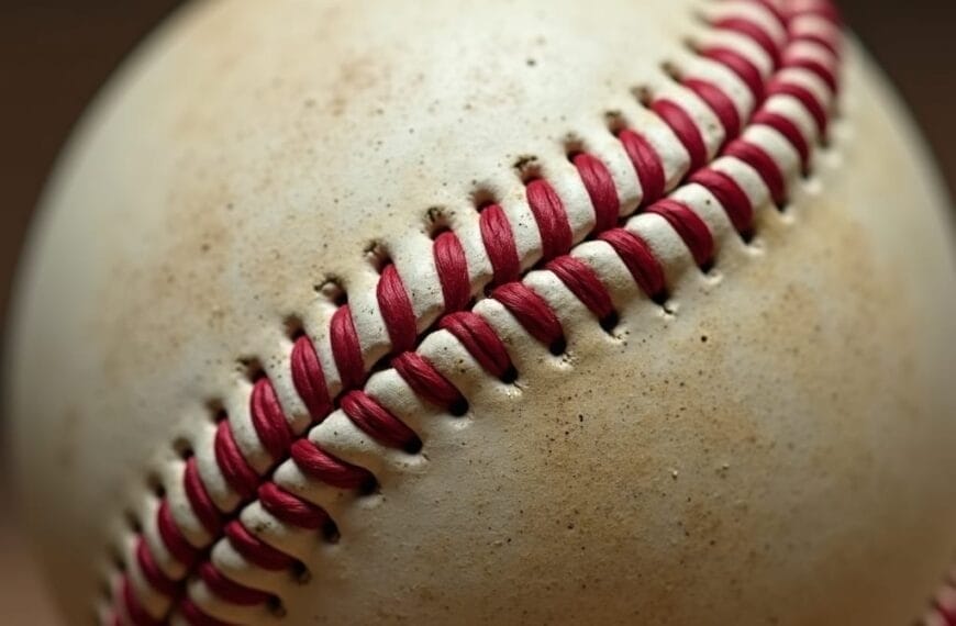 A close-up view of a weathered baseball displays its textured, off-white leather surface and red stitching—details that evoke the baseball eras defined by decades of play, with scuff marks and dirt showcasing its storied past.