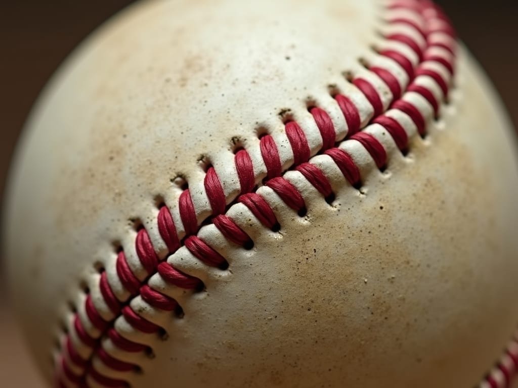 A close-up view of a weathered baseball displays its textured, off-white leather surface and red stitching—details that evoke the baseball eras defined by decades of play, with scuff marks and dirt showcasing its storied past.