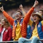 Four enthusiastic sports fans, reminiscent of 90s basketball vs today, cheer joyfully in a stadium. Dressed in vibrant team jackets, they celebrate as the crowded stands behind them add to the lively and festive atmosphere.