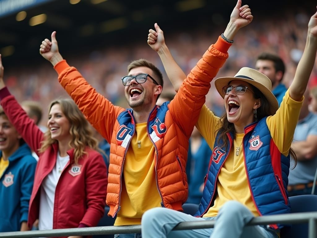 Four enthusiastic sports fans, reminiscent of 90s basketball vs today, cheer joyfully in a stadium. Dressed in vibrant team jackets, they celebrate as the crowded stands behind them add to the lively and festive atmosphere.
