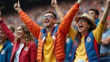 Four enthusiastic sports fans, reminiscent of 90s basketball vs today, cheer joyfully in a stadium. Dressed in vibrant team jackets, they celebrate as the crowded stands behind them add to the lively and festive atmosphere.