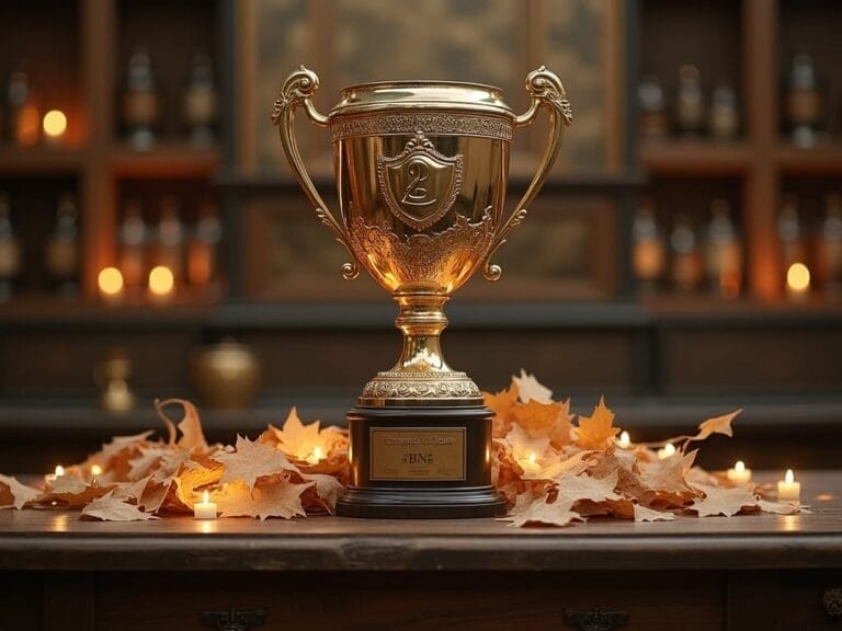A gold trophy with ornate handles sits on a wooden table, surrounded by autumn leaves and small glowing candles. The softly blurred background hints at shelves lined with bottles, adding to the festive mood—perfect for settling the GOAT debate in style.