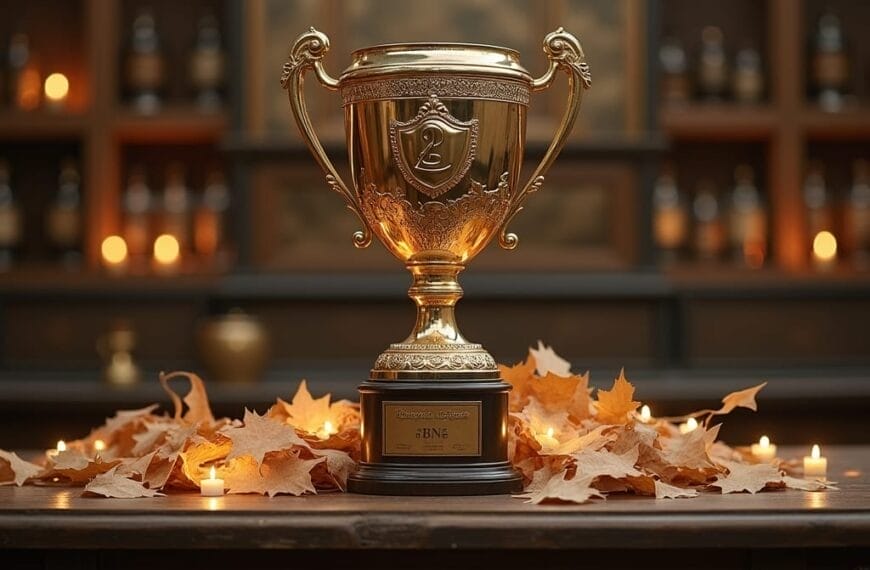 A gold trophy with ornate handles sits on a wooden table, surrounded by autumn leaves and small glowing candles. The softly blurred background hints at shelves lined with bottles, adding to the festive mood—perfect for settling the GOAT debate in style.