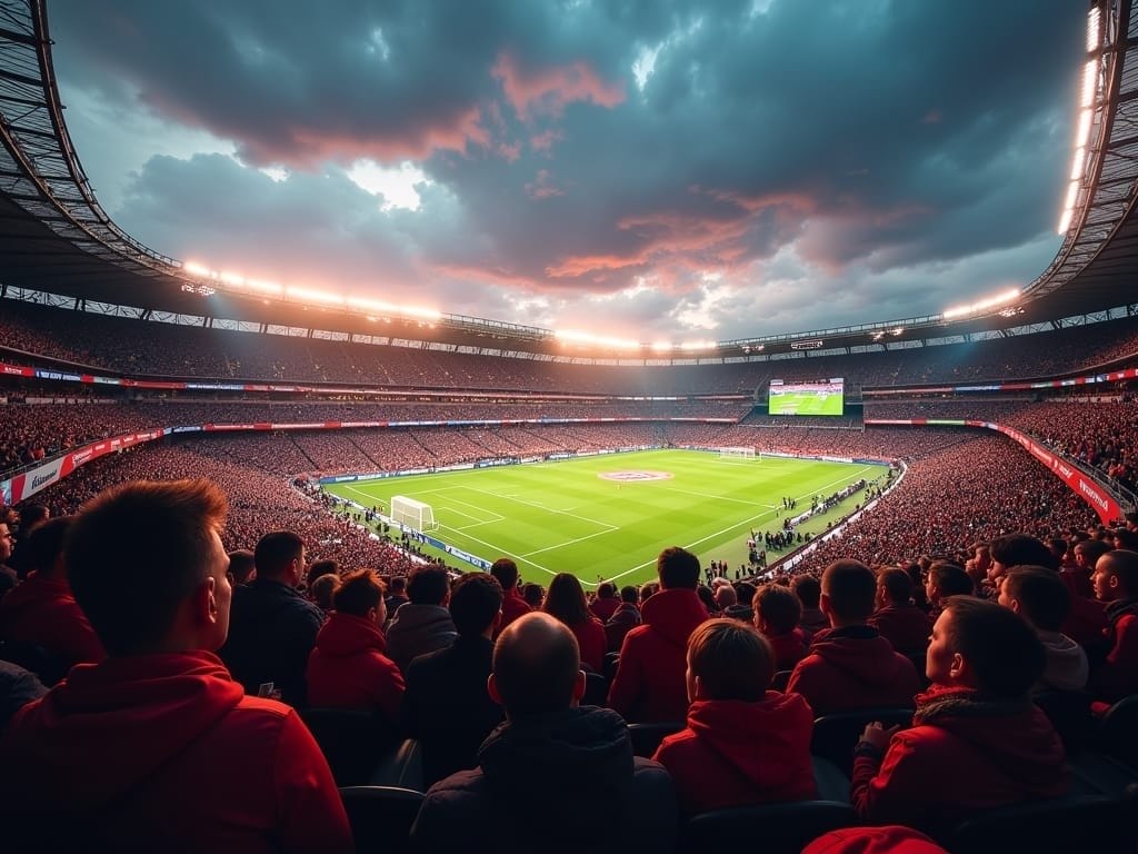 A packed football stadium at sunset, with fans in red filling the stands, showcases fan loyalty in modern sports. The brightly lit field awaits the match as dark clouds and sunlight create a dramatic sky above eager spectators in scarves and team jerseys.