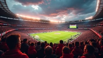 A packed football stadium at sunset, with fans in red filling the stands, showcases fan loyalty in modern sports. The brightly lit field awaits the match as dark clouds and sunlight create a dramatic sky above eager spectators in scarves and team jerseys.