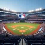 A wide-angle view of a baseball stadium shows an MLB game about to start. The field is brightly lit, fans fill the stands, and the giant scoreboard displays sabermetrics stats with the MLB logo above the diamond amid artwork and ads under a clear blue sky.