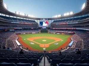 A wide-angle view of a baseball stadium shows an MLB game about to start. The field is brightly lit, fans fill the stands, and the giant scoreboard displays sabermetrics stats with the MLB logo above the diamond amid artwork and ads under a clear blue sky.