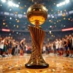 A golden basketball trophy sits on a court surrounded by falling confetti, symbolizing NBA Championships. Blurry basketball players in blue and white stand in the background as a cheering crowd fills the brightly lit arena, celebrating victory.
