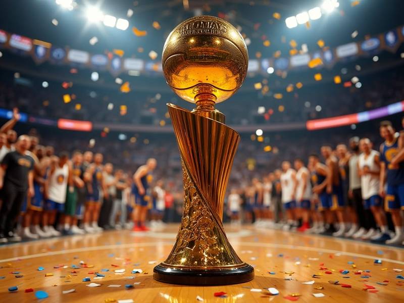 A golden basketball trophy sits on a court surrounded by falling confetti, symbolizing NBA Championships. Blurry basketball players in blue and white stand in the background as a cheering crowd fills the brightly lit arena, celebrating victory.